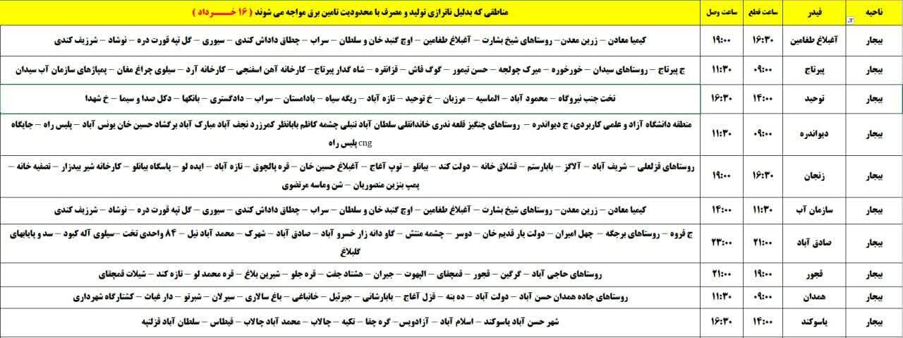 برنامه قطعی برق کردستان روز جمعه ۱۶ خرداد + جدول
