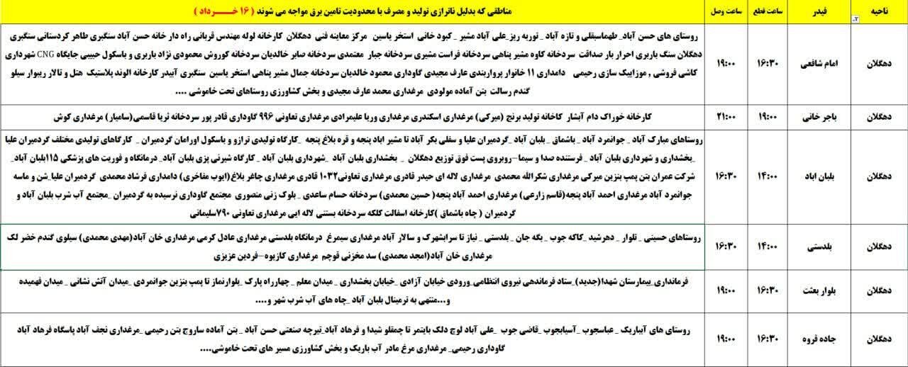 برنامه قطعی برق کردستان روز جمعه ۱۶ خرداد + جدول