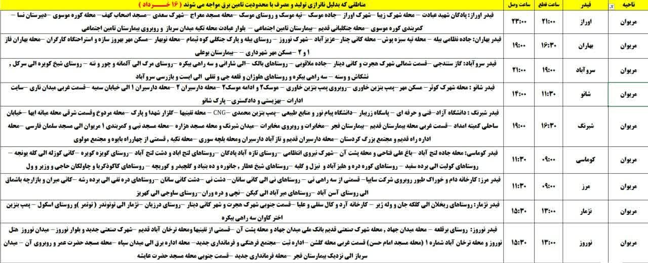 برنامه قطعی برق کردستان روز جمعه ۱۶ خرداد + جدول