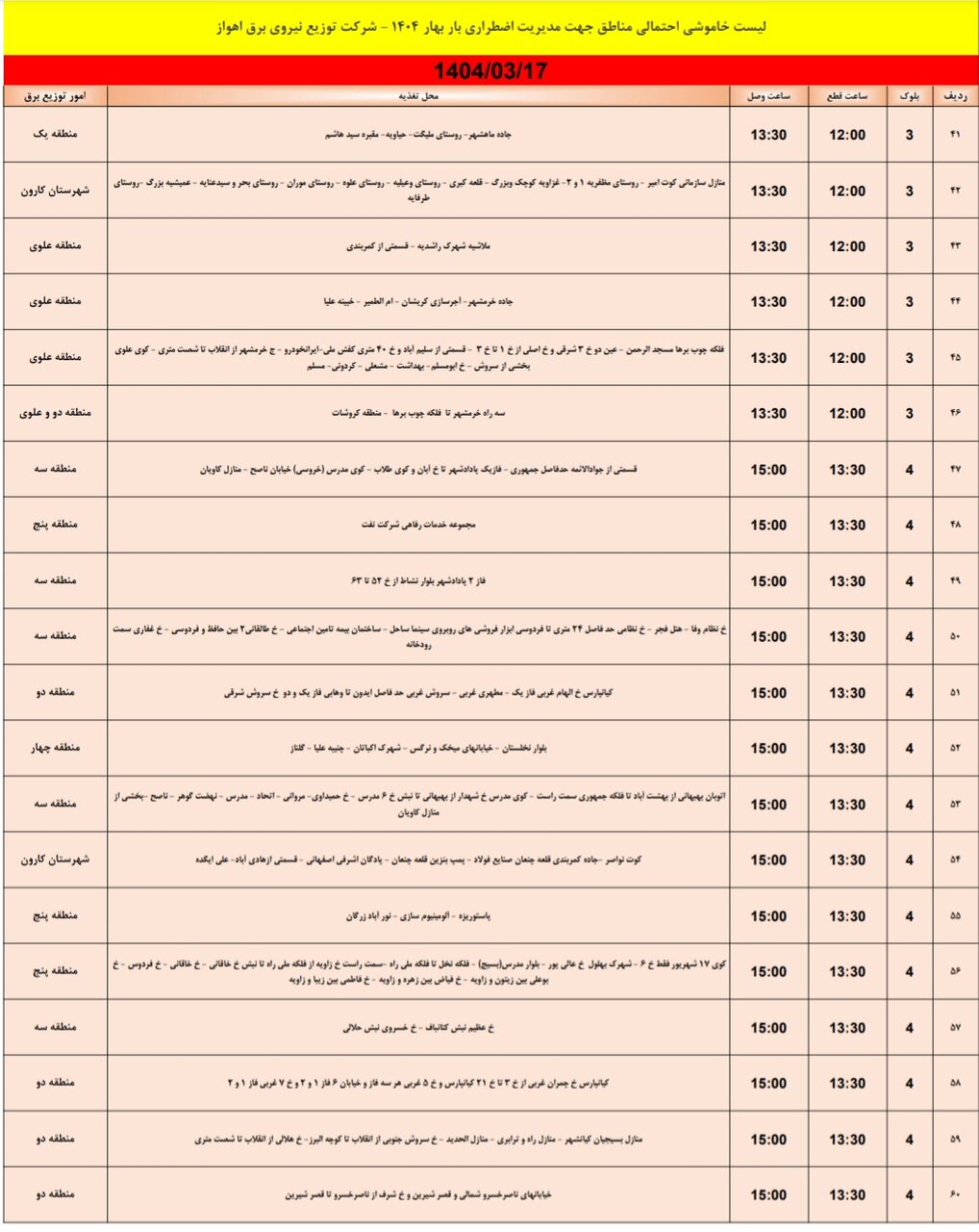 جدول خاموشی برق اهواز فردا، شنبه هفدهم خرداد