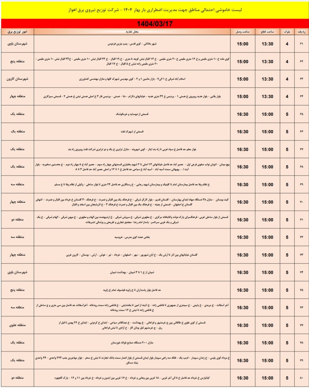 جدول خاموشی برق اهواز فردا، شنبه هفدهم خرداد