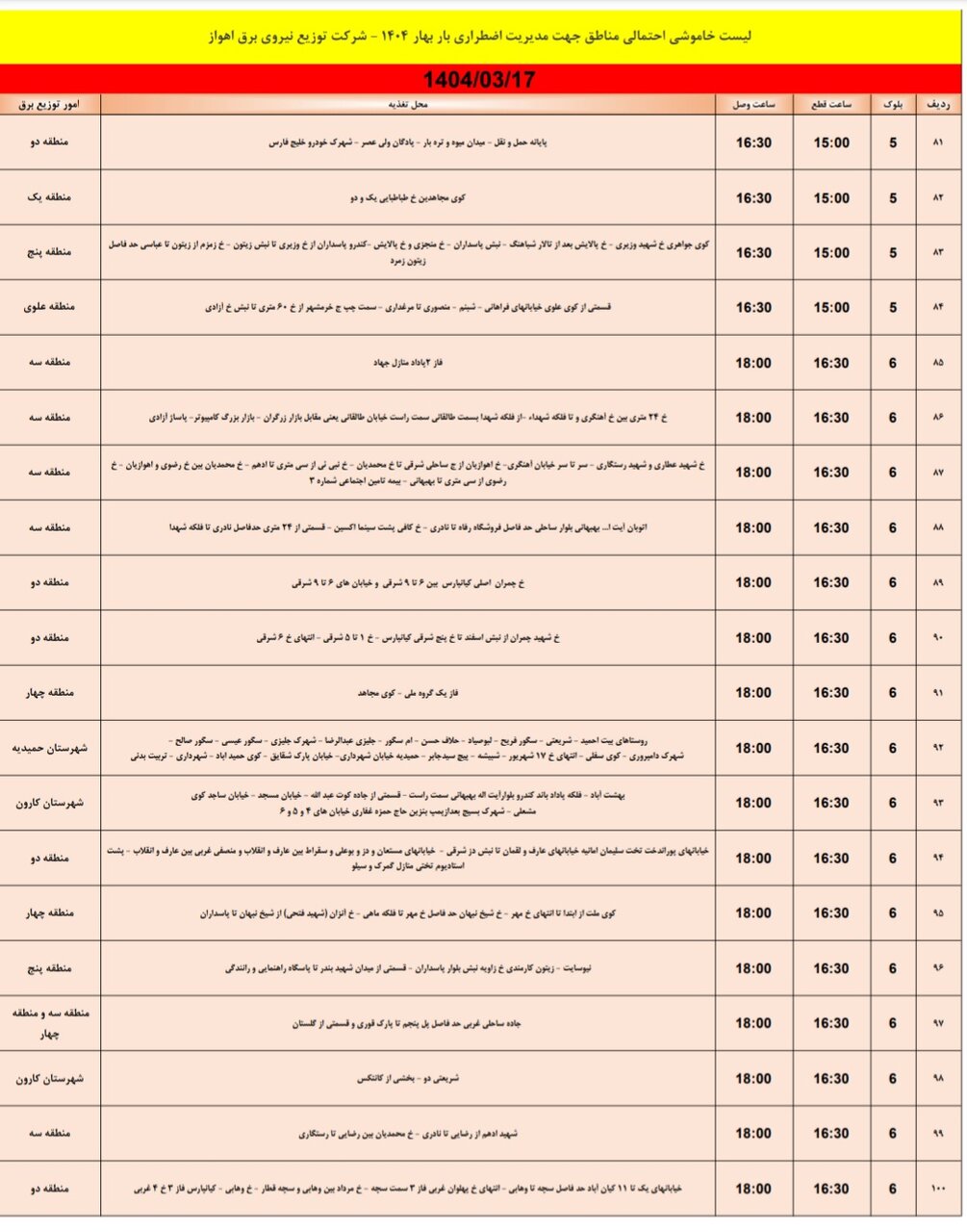 جدول خاموشی برق اهواز فردا، شنبه هفدهم خرداد