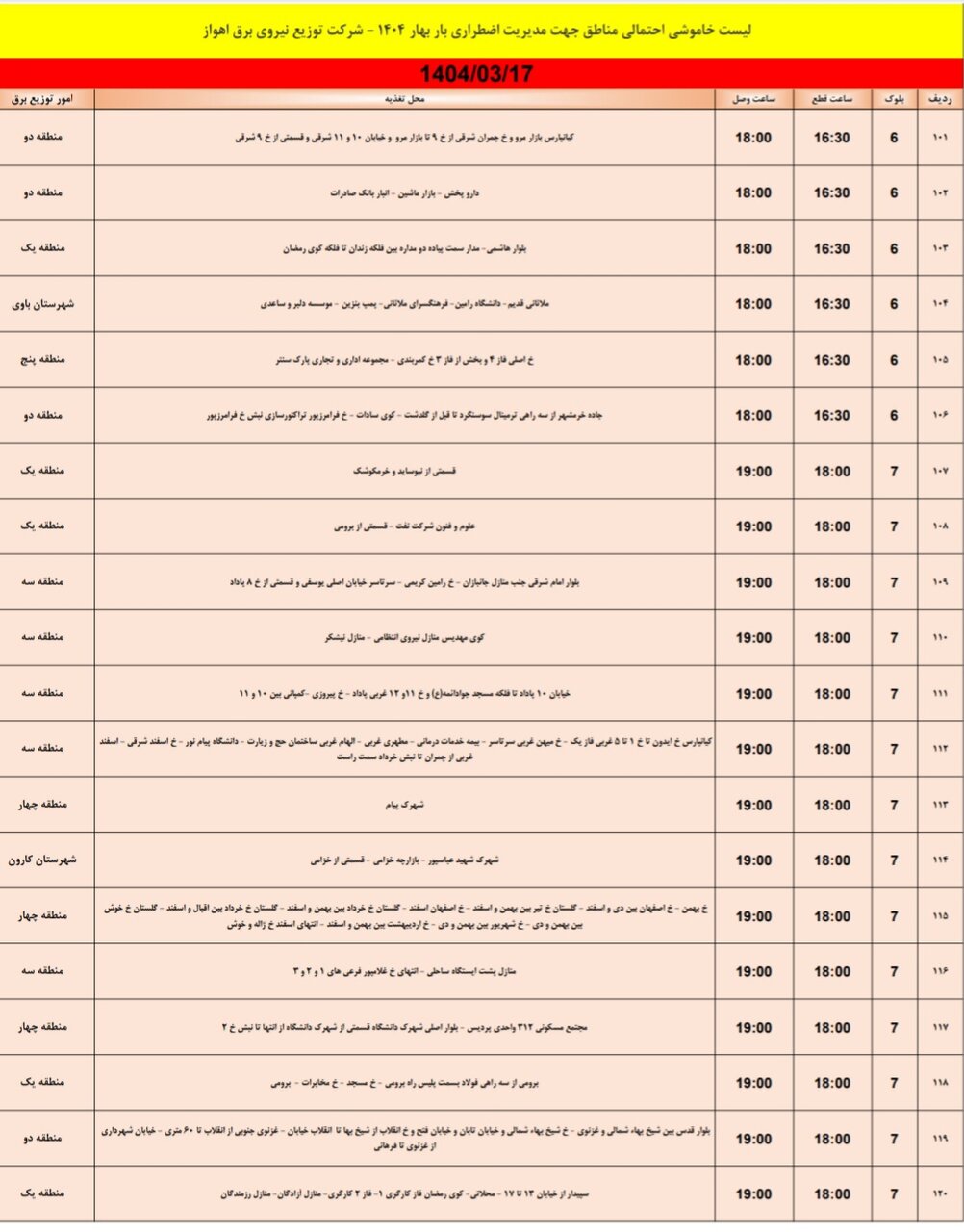 جدول خاموشی برق اهواز فردا، شنبه هفدهم خرداد