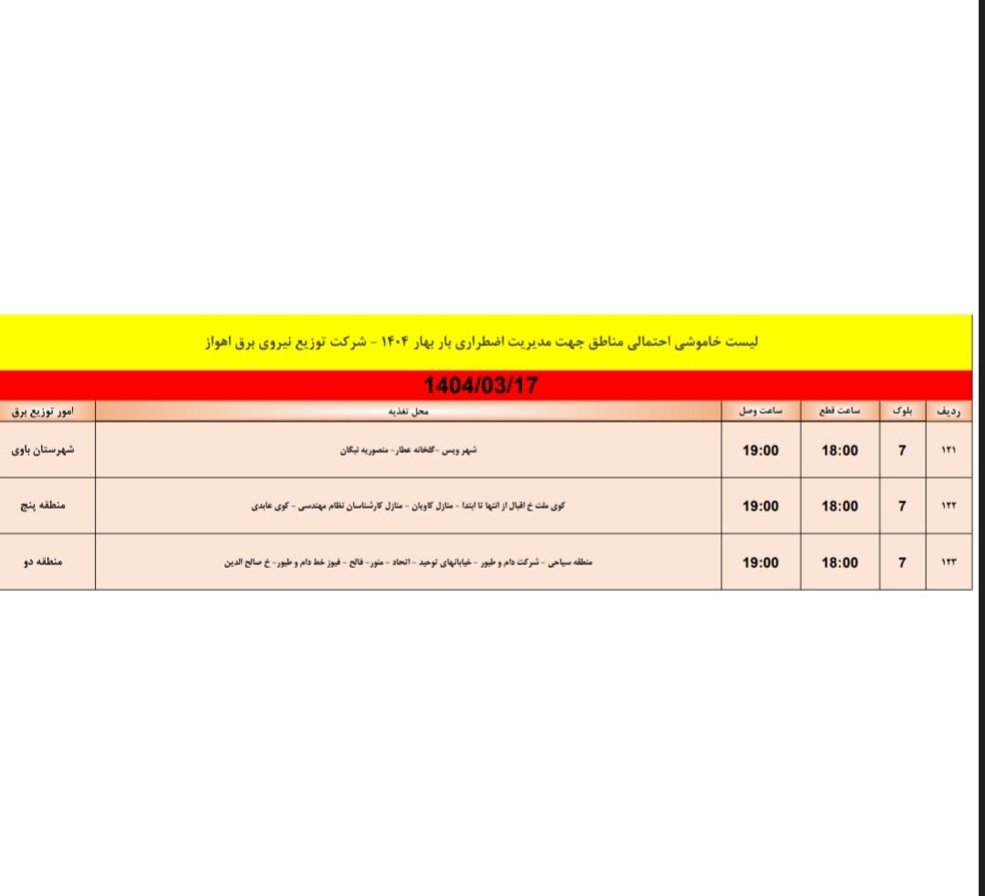 جدول خاموشی برق اهواز فردا، شنبه هفدهم خرداد