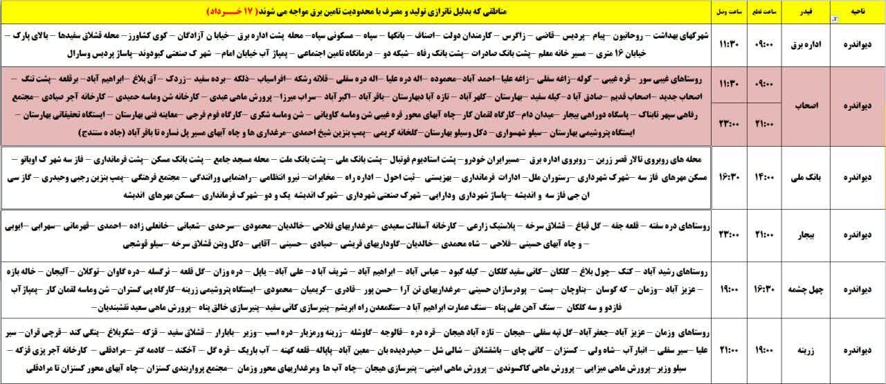 برنامه قطعی برق کردستان روز شنبه ۱۷ خرداد + جدول