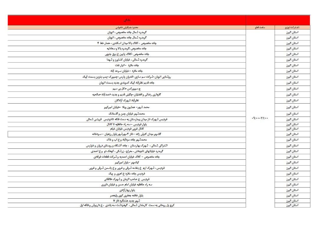 برنامه قطعی برق استان البرز فردا یک‌شنبه ۱۸ خرداد + لیست مناطق