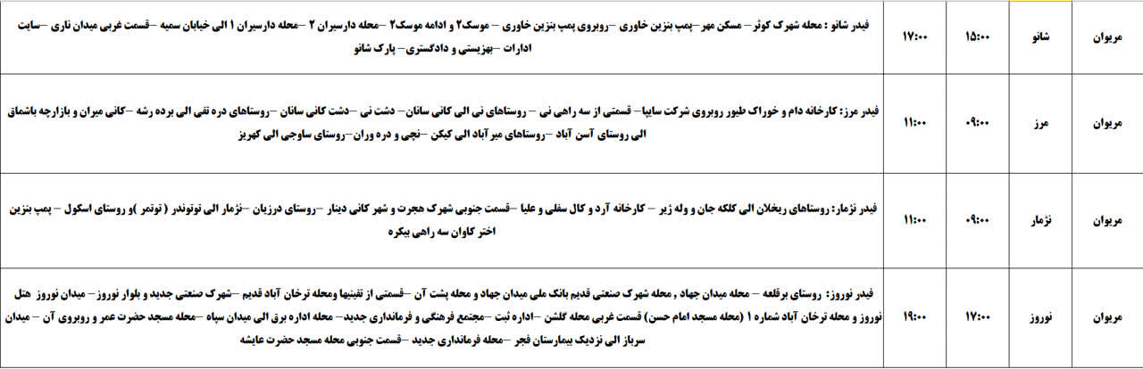برنامه قطعی برق کردستان روز یکشنبه ۱۸ خرداد + جدول