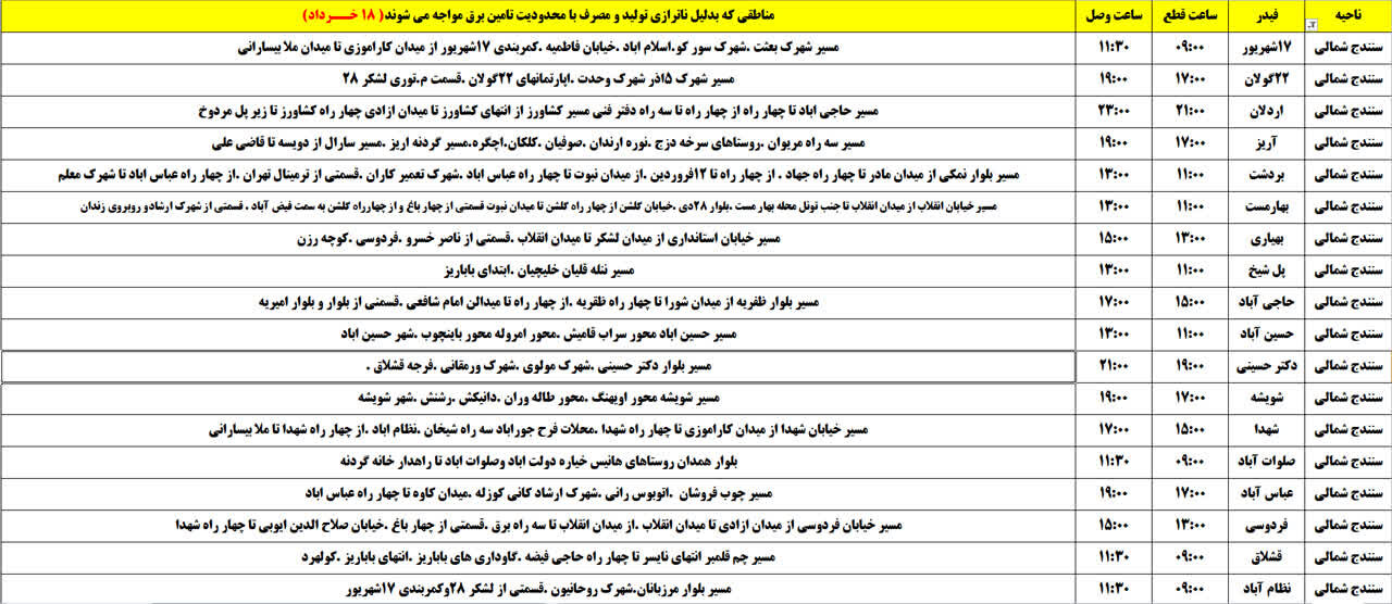 برنامه قطعی برق کردستان روز یکشنبه ۱۸ خرداد + جدول