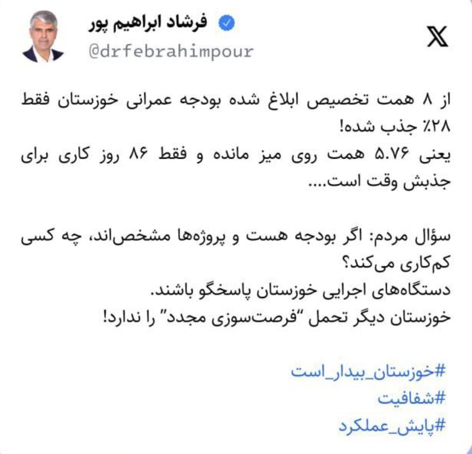 انتقاد نماینده حوزه منگشت از جذب نشدن ۷۲ درصد بودجههای عمرانی استان خوزستان