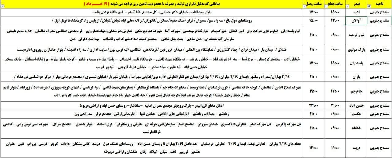 برنامه قطعی برق کردستان روز دوشنبه ۱۹ خرداد + جدول