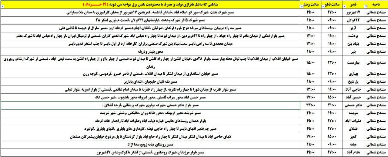 برنامه قطعی برق کردستان روز دوشنبه ۱۹ خرداد + جدول
