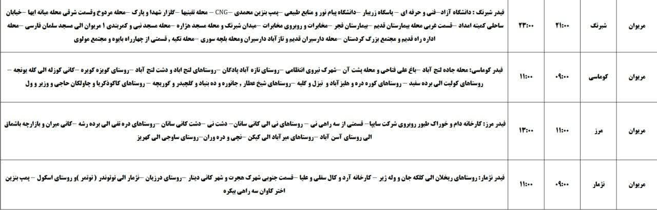 برنامه قطعی برق کردستان روز سهشنبه ۲۰ خرداد + جدول