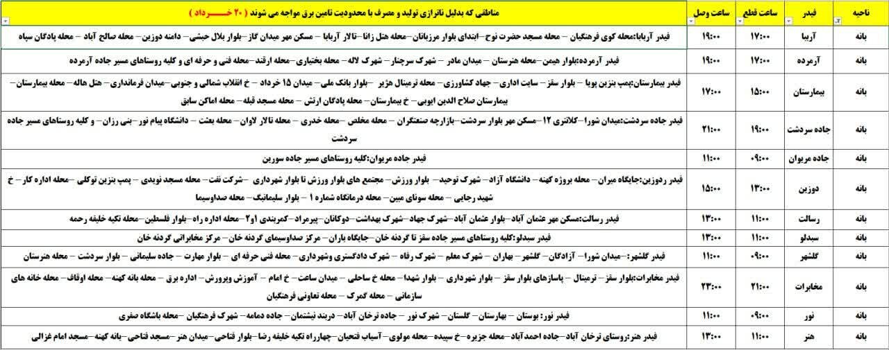 برنامه قطعی برق کردستان روز سهشنبه ۲۰ خرداد + جدول