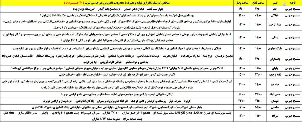 برنامه قطعی برق کردستان روز سهشنبه ۲۰ خرداد + جدول
