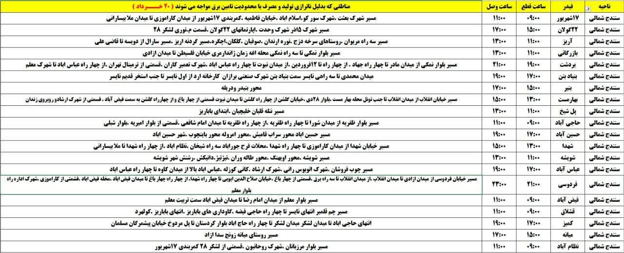 برنامه قطعی برق کردستان روز سهشنبه ۲۰ خرداد + جدول