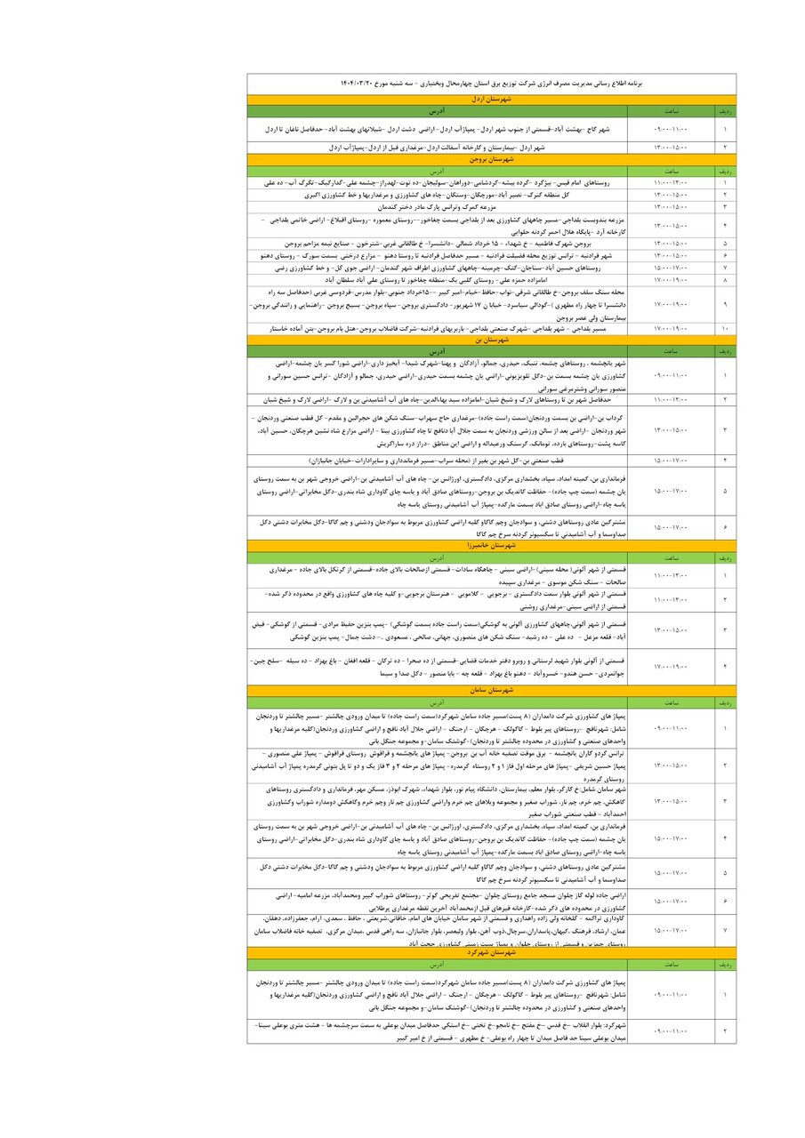 برنامه قطعی برق چهارمحال و بختیاری سه شنبه ۲۰ خرداد + جدول