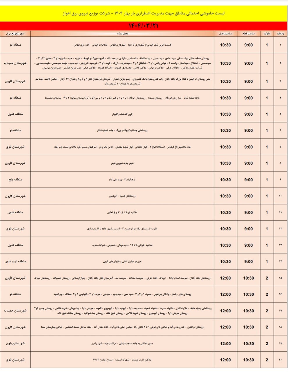 جدول خاموشی برق اهواز فردا چهارشنبه ۲۱ خرداد / ۱۱۹ نقطه خاموش میشود