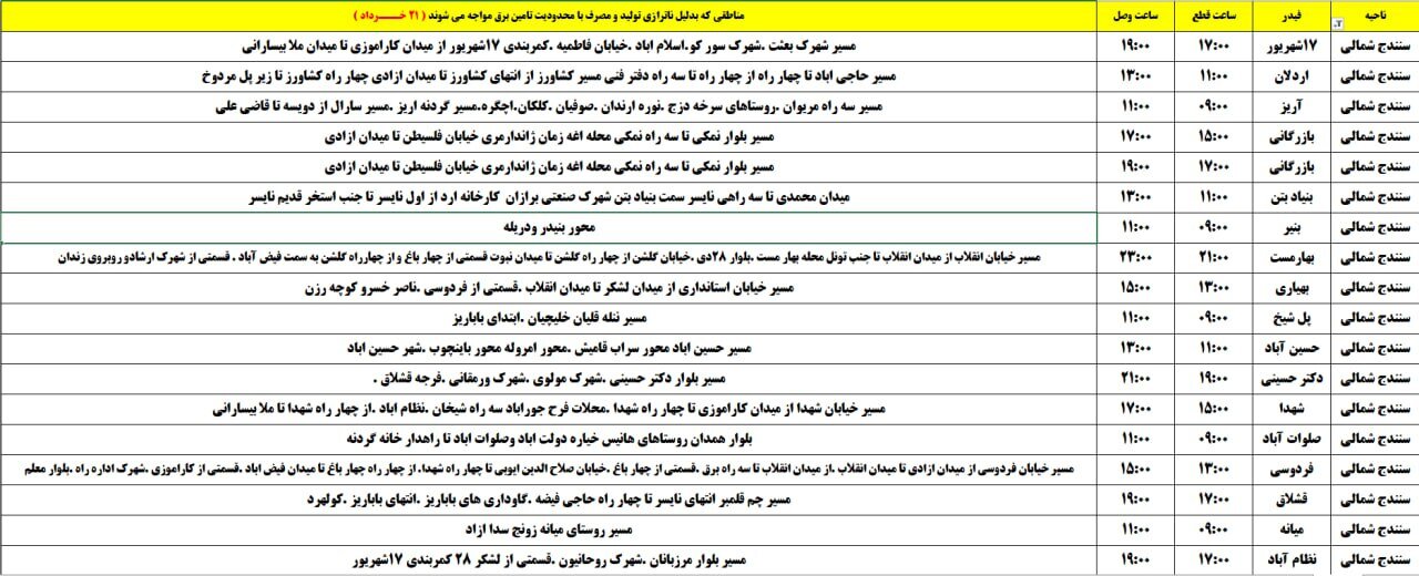 برنامه قطعی برق کردستان روز چهارشنبه ۲۱ خرداد + جدول