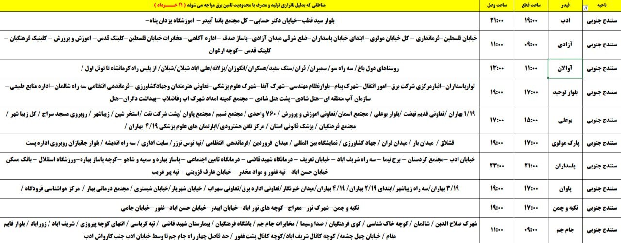برنامه قطعی برق کردستان روز چهارشنبه ۲۱ خرداد + جدول