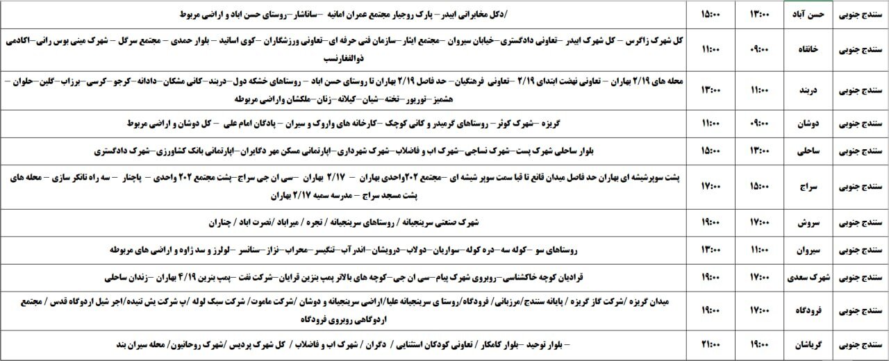 برنامه قطعی برق کردستان روز چهارشنبه ۲۱ خرداد + جدول