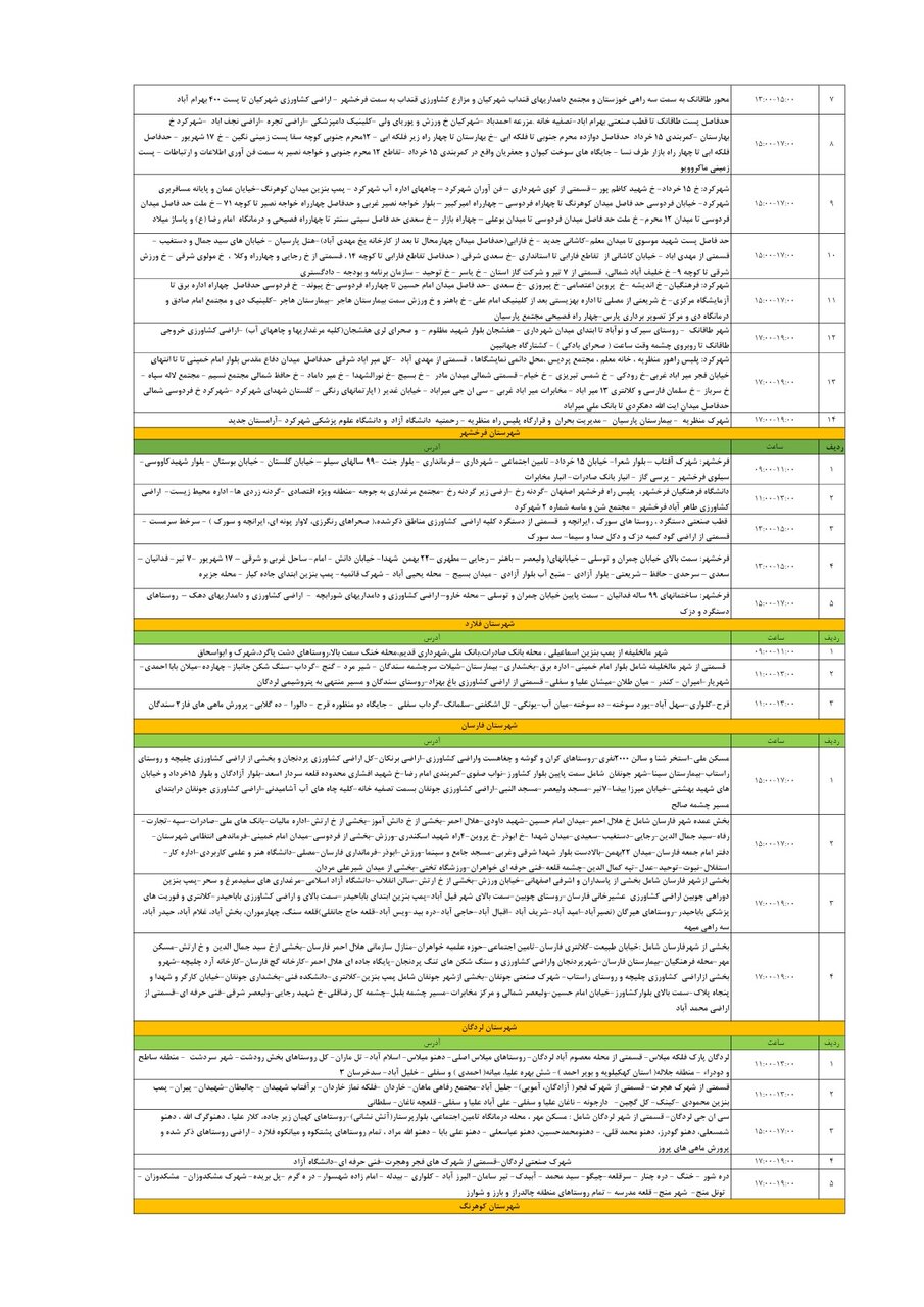 برنامه قطعی برق چهارمحال‌ و بختیاری‌ چهارشنبه ۲۱ خرداد + جدول