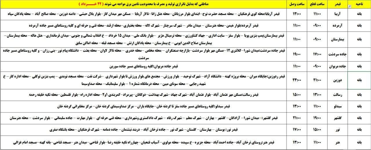 برنامه قطعی برق کردستان روز پنجشنبه ۲۲ خرداد + جدول