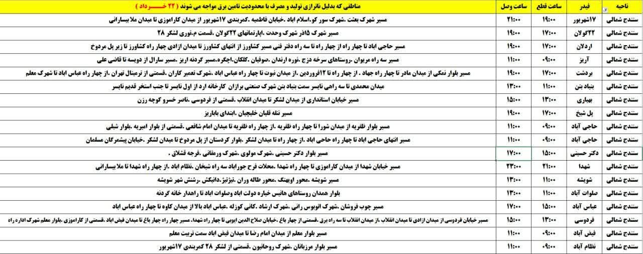 برنامه قطعی برق کردستان روز پنجشنبه ۲۲ خرداد + جدول