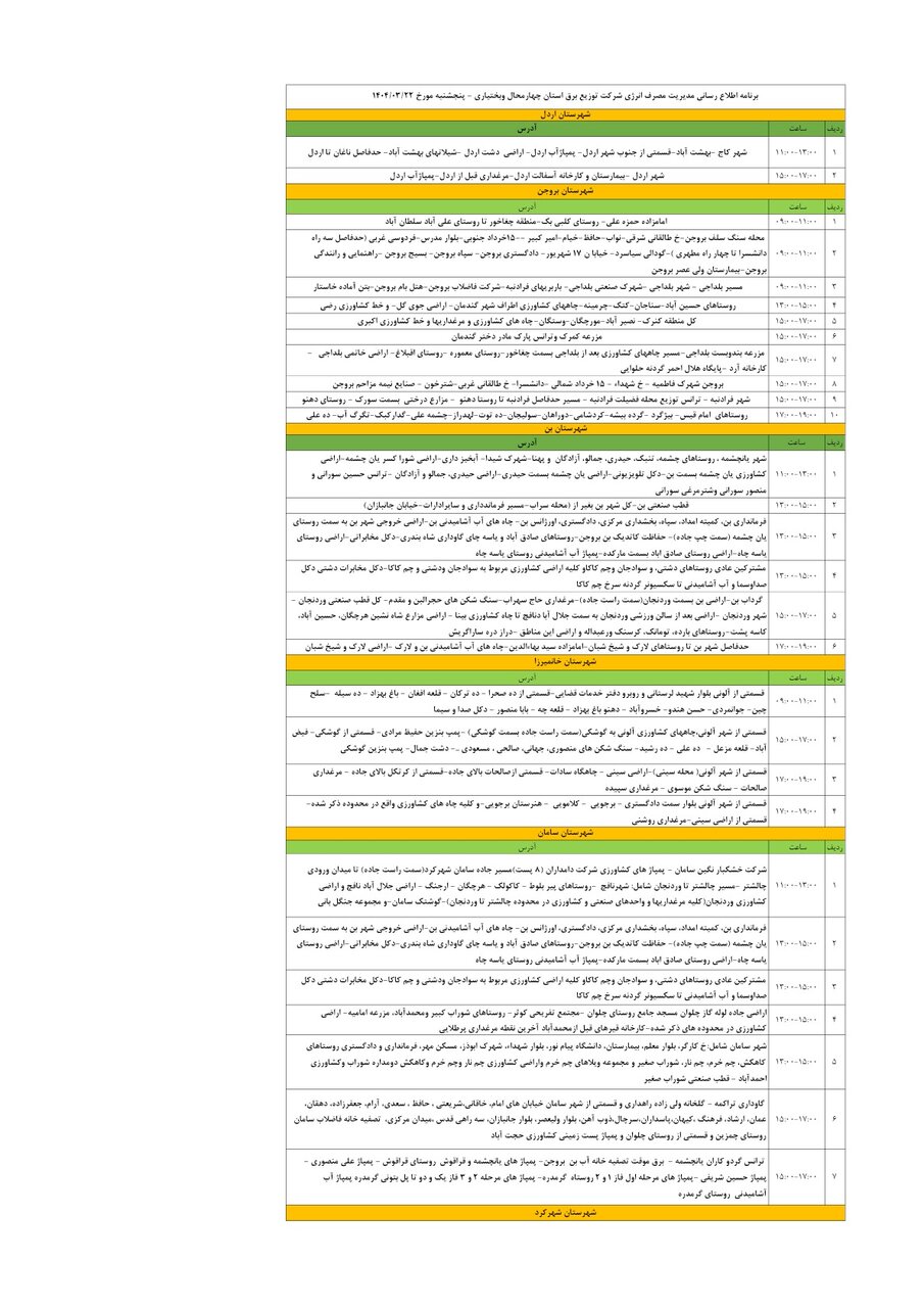 برنامه قطعی برق چهارمحال و بختیاری پنجشنبه ۲۲ خرداد + جدول