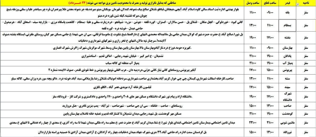 برنامه قطعی برق کردستان روز جمعه ۲۳ خرداد + جدول