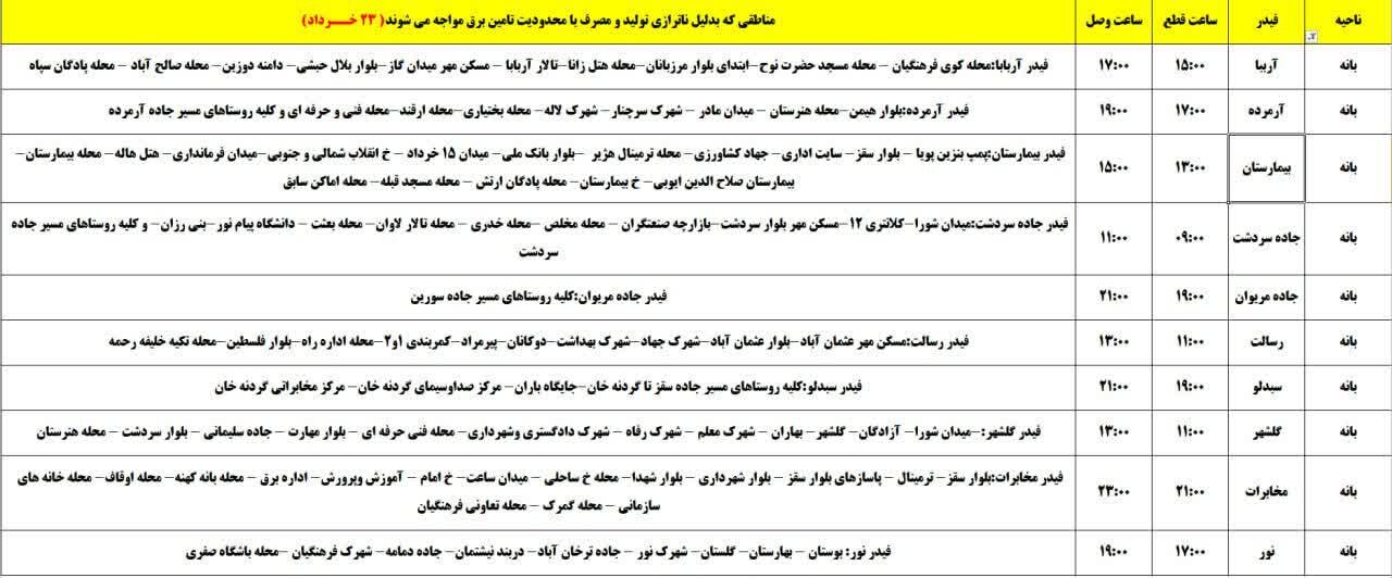برنامه قطعی برق کردستان روز جمعه ۲۳ خرداد + جدول