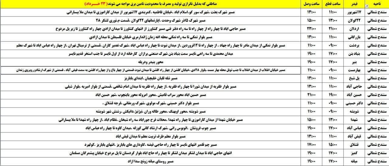 برنامه قطعی برق کردستان روز جمعه ۲۳ خرداد + جدول