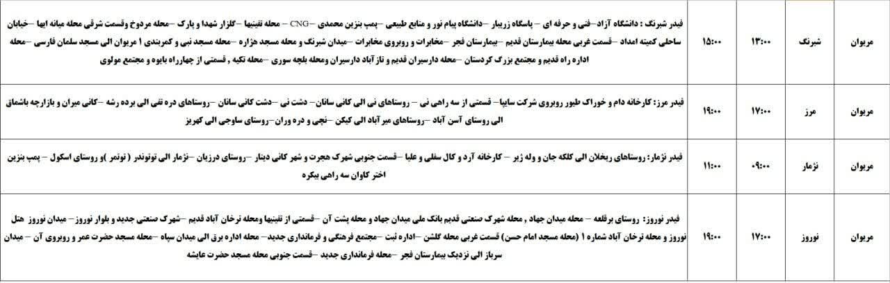 برنامه قطعی برق کردستان روز شنبه ۲۴ خرداد + جدول