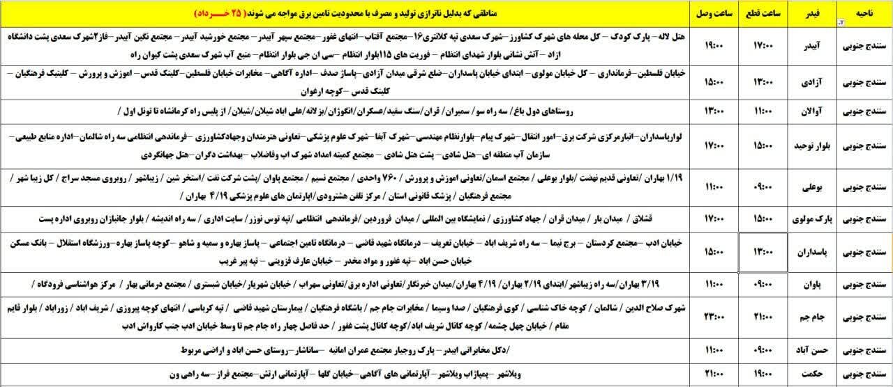 برنامه قطعی برق کردستان روز یکشنبه ۲۵ خرداد + جدول