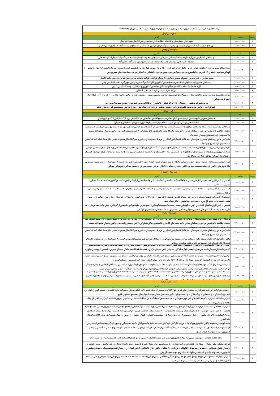 برنامه قطعی برق چهارمحال‌ و بختیاری‌ یکشنبه ۲۵ خرداد + جدول