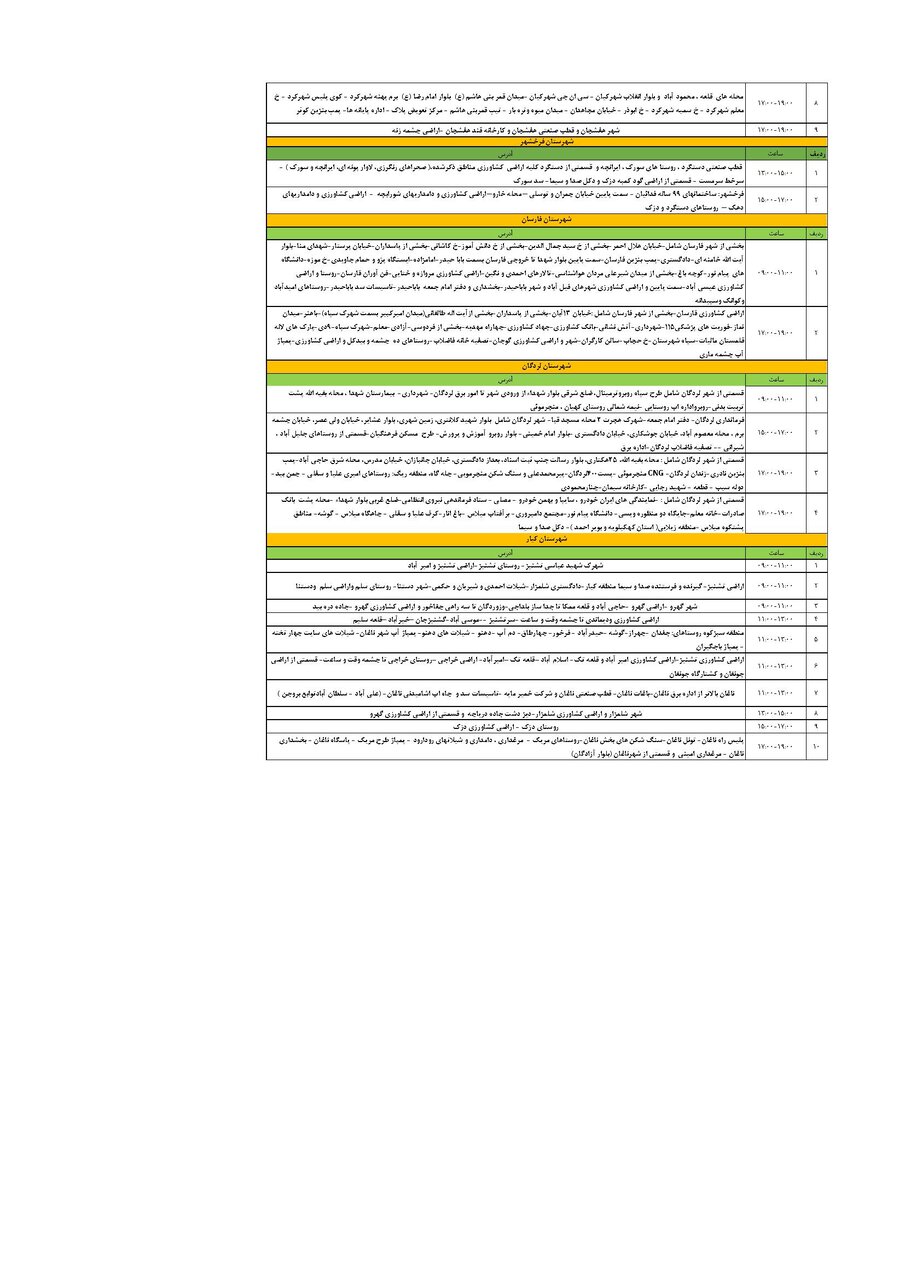 برنامه قطعی برق چهارمحال و بختیاری یکشنبه ۲۵ خرداد + جدول