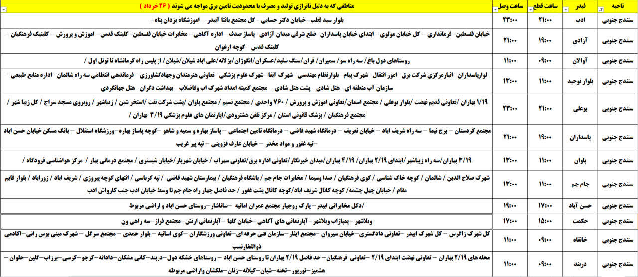 برنامه قطعی برق کردستان روز دوشنبه ۲۶ خرداد + جدول