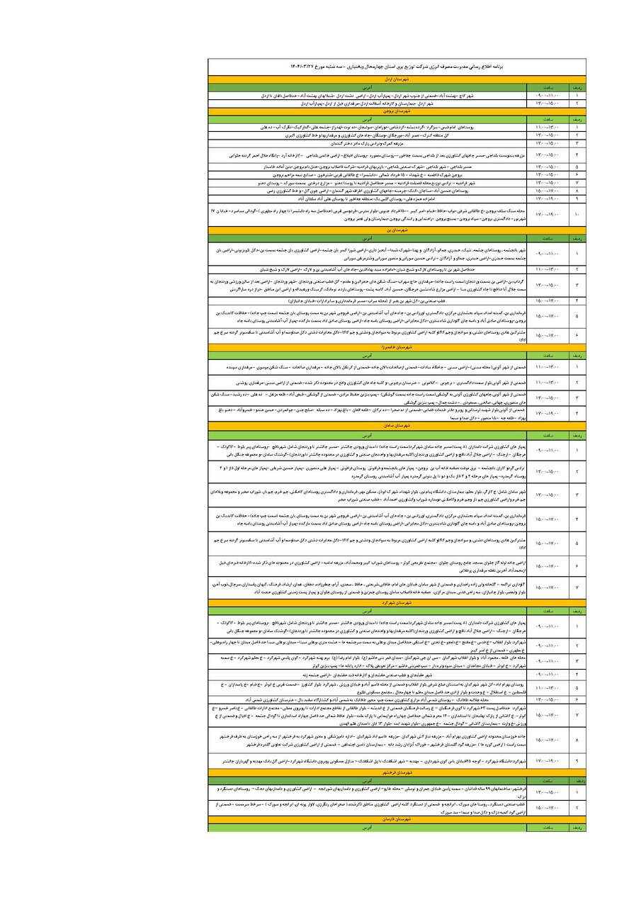 برنامه قطعی برق چهارمحال و بختیاری سه شنبه ۲۷ خرداد + جدول