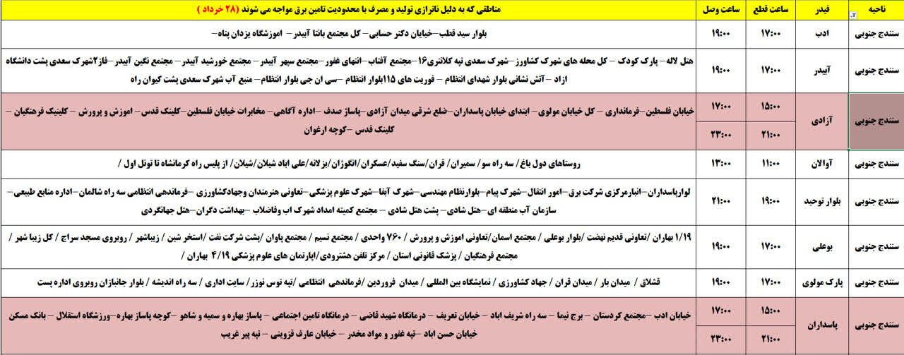 برنامه قطعی برق کردستان روز چهارشنبه ۲۸ خرداد + جدول