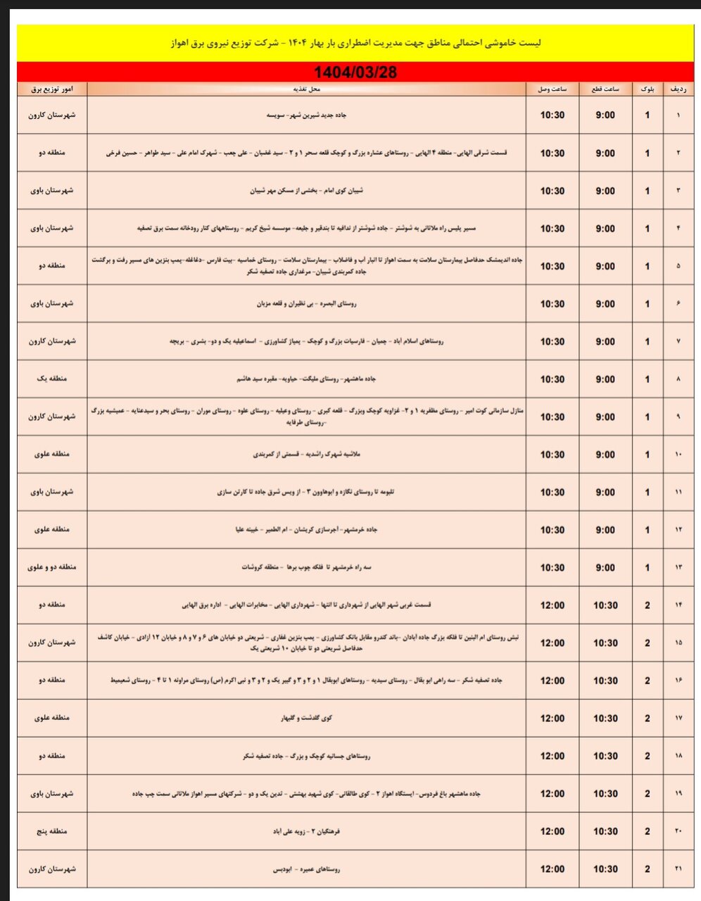 جدول خاموشی برق اهواز چهارشنبه ۲۸ خرداد / ۱۰۹نقطه خاموش می‌شود