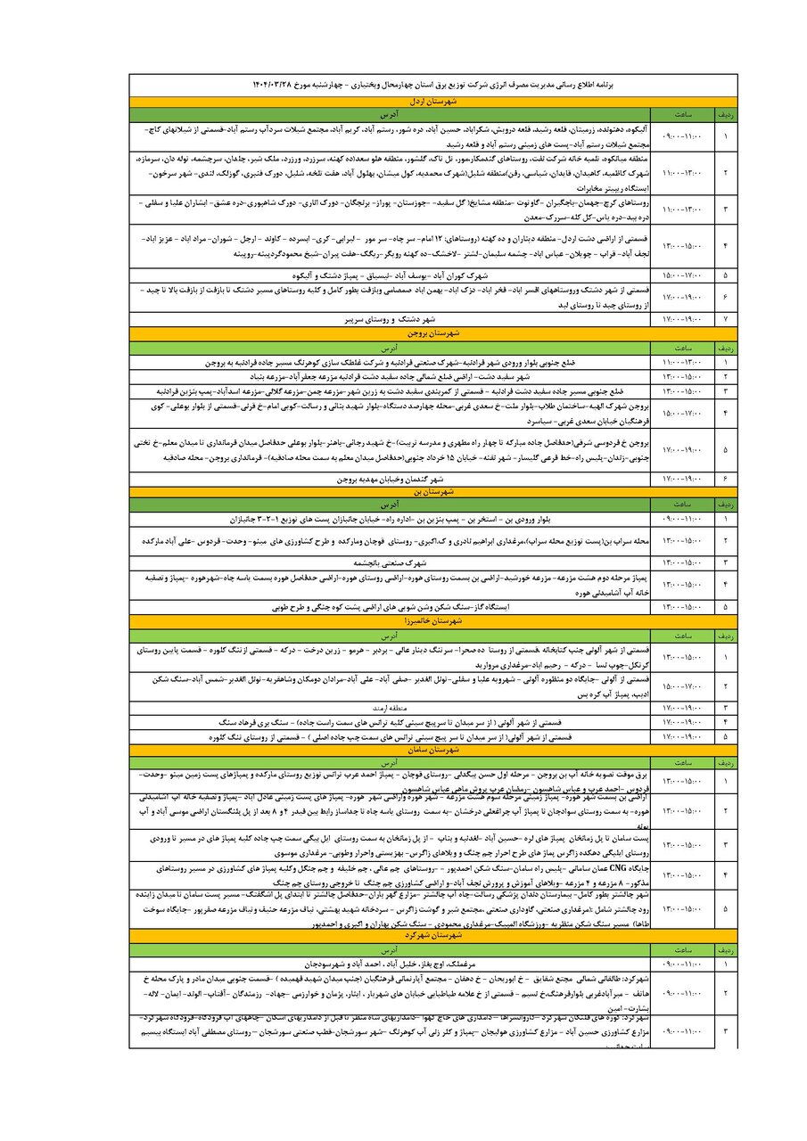 برنامه قطعی برق چهارمحال‌ و بختیاری‌ چهارشنبه ۲۸ خرداد + جدول