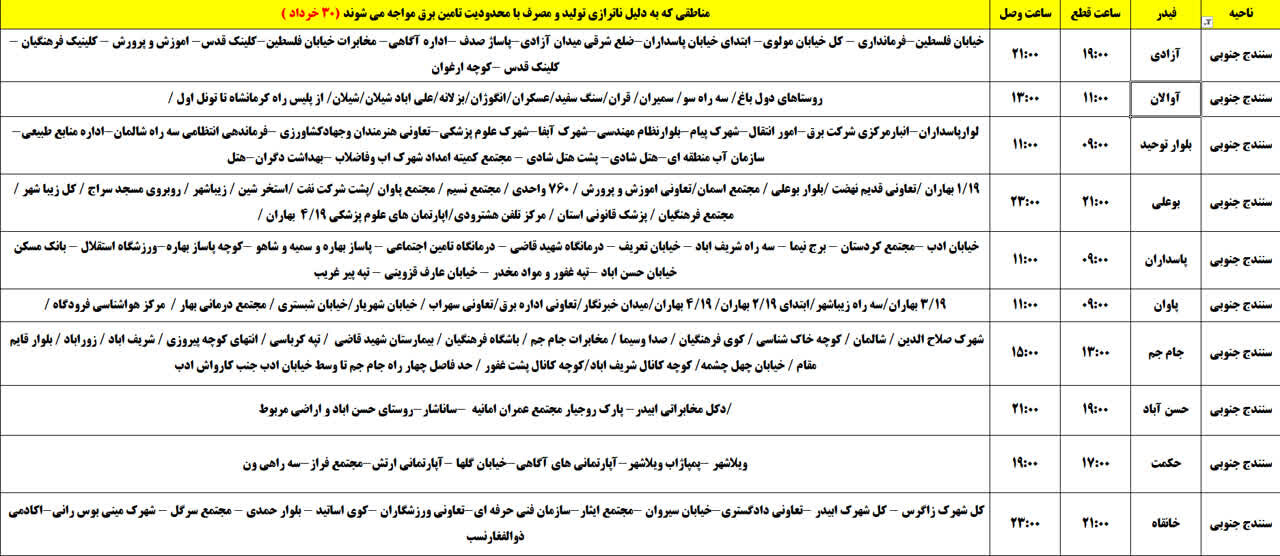 برنامه قطعی برق کردستان روز جمعه ۳۰ خرداد + جدول
