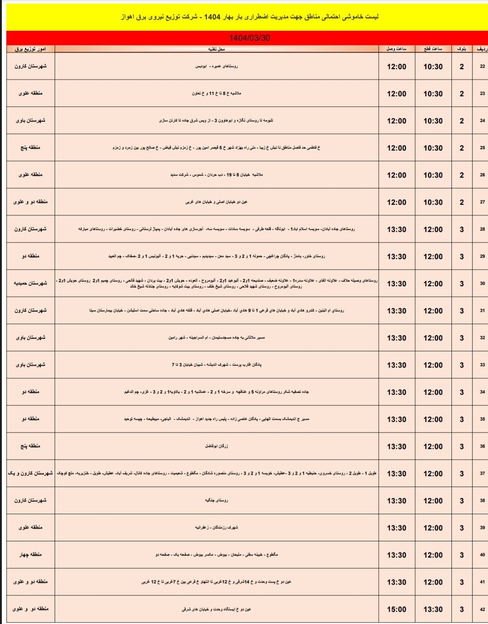 جدول خاموشی برق اهواز جمعه سیام خرداد / ۱۱۳نقطه خاموش میشود