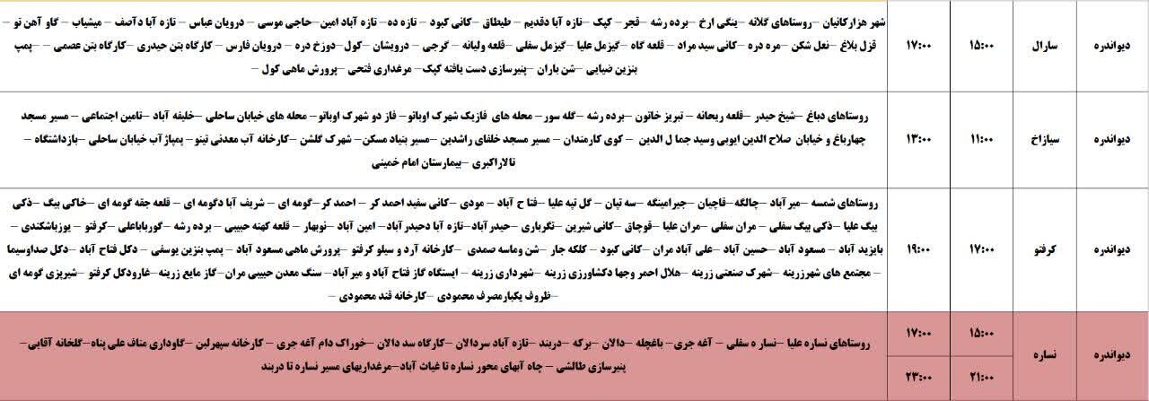 برنامه قطعی برق کردستان روز شنبه ۳۱ خرداد + جدول