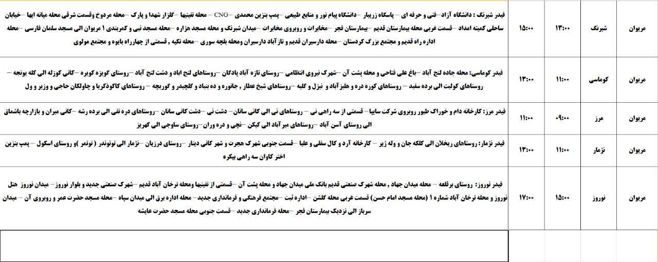 برنامه قطعی برق کردستان روز شنبه ۳۱ خرداد + جدول