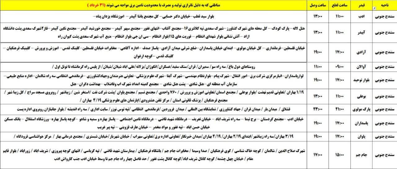 برنامه قطعی برق کردستان روز شنبه ۳۱ خرداد + جدول