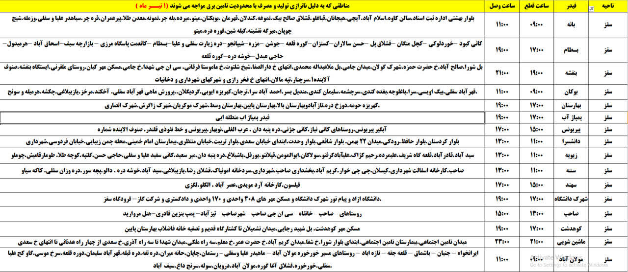 برنامه قطعی برق کردستان، یکشنبه یکم تیر + جدول