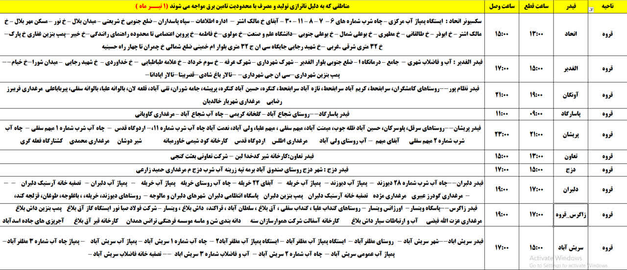 برنامه قطعی برق کردستان، یکشنبه یکم تیر + جدول
