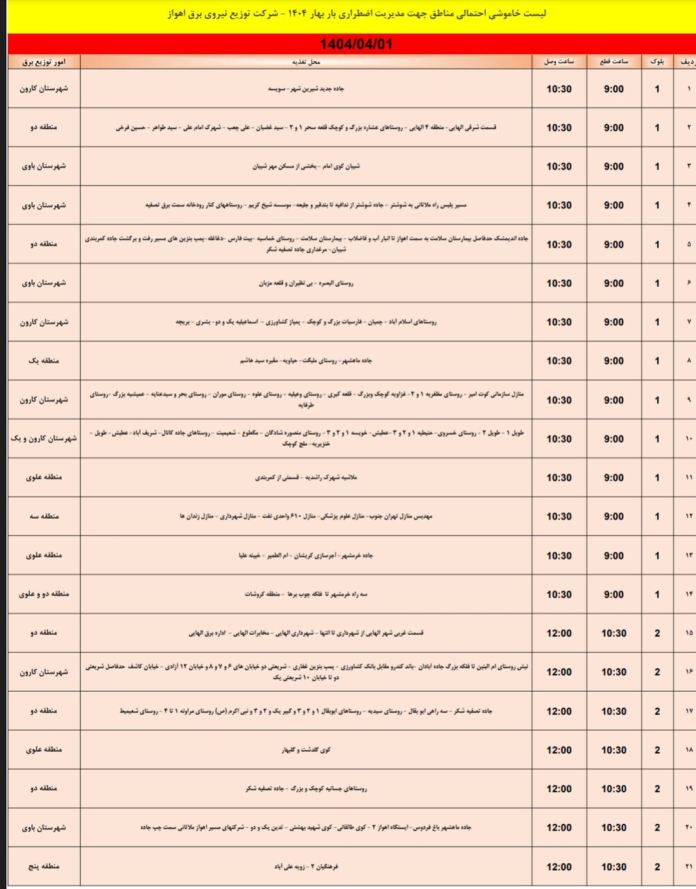 جدول خاموشی برق اهواز یکشنبه یکم تیر / ۱۰۳ نقطه خاموش می‌شود