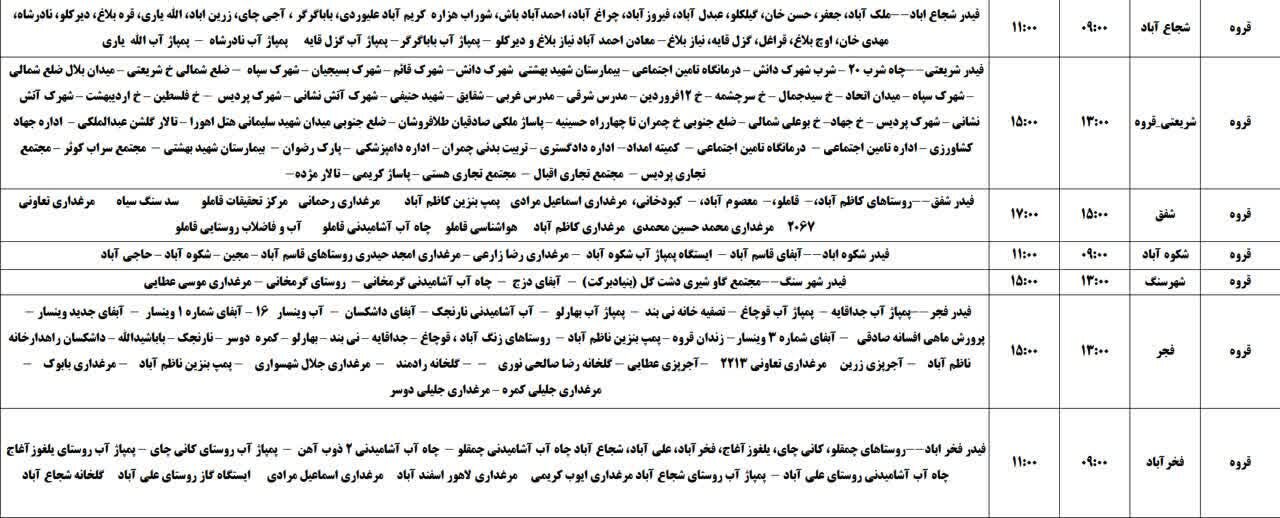 برنامه قطعی برق کردستان دوشنبه دوم تیر + جدول