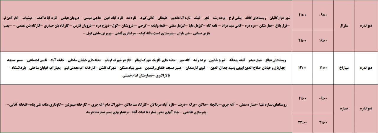 برنامه قطعی برق کردستان دوشنبه دوم تیر + جدول